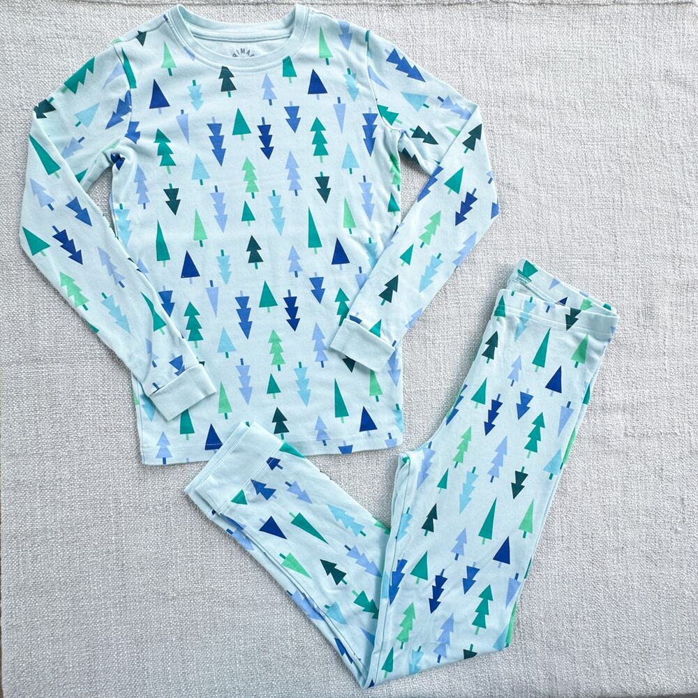 NWOT Primary Organic Cotton Blue Tree Print Long John PJ Set Kid Size 10